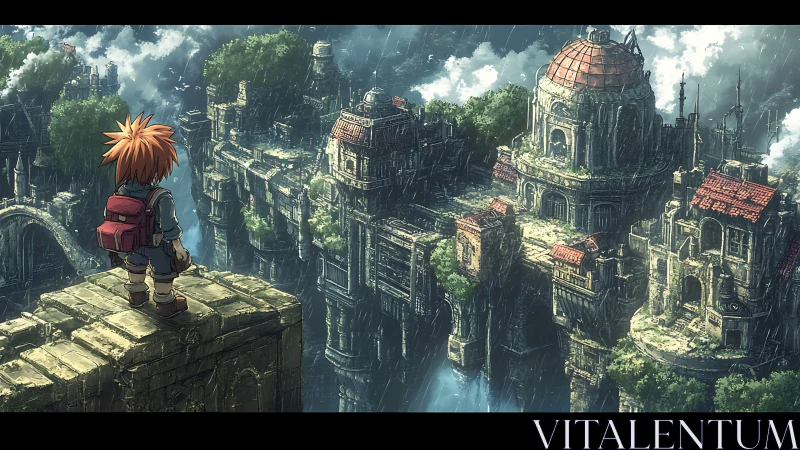 Solitary traveler surveys rain-soaked floating ruin metropolis