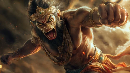 Mythic warrior monkey lunges through stormlit battlefield.