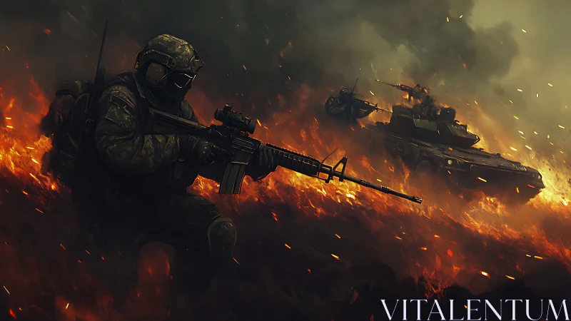 Soldier in Combat Amid Explosive Battlefield Fires