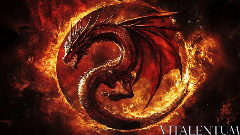 Infernal dragon coils inside blazing circular fire vortex