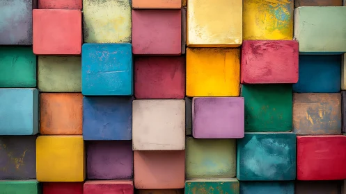 Stacked multicolor cubes form staggered geometric relief wall