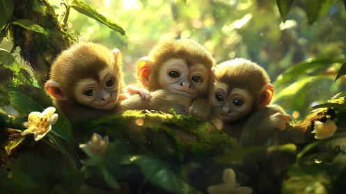 Sunlit trio of baby monkeys trade secrets on a mossy perch