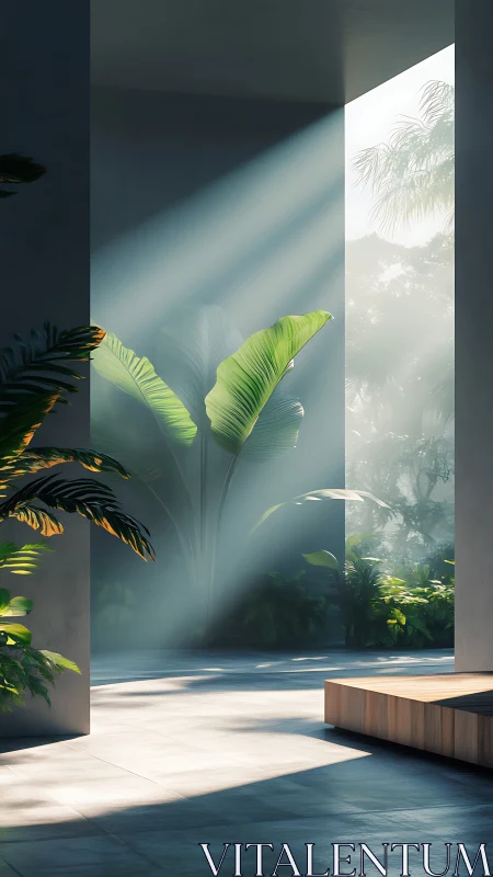 Sunlit modern courtyard with tropical foliage detail.