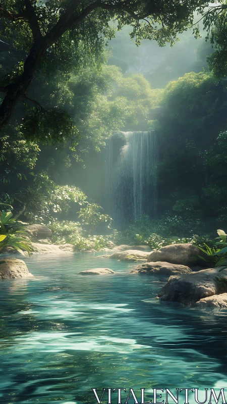 Sunlit jungle waterfall descends into a clear turquoise pool
