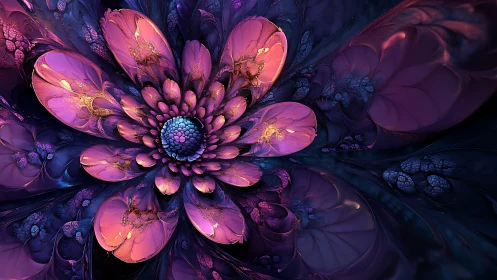 Fractal blossom construction in luminous digital painting bloom.