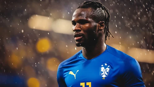 Photorealistic stadium portrait of footballer in rainstorm.