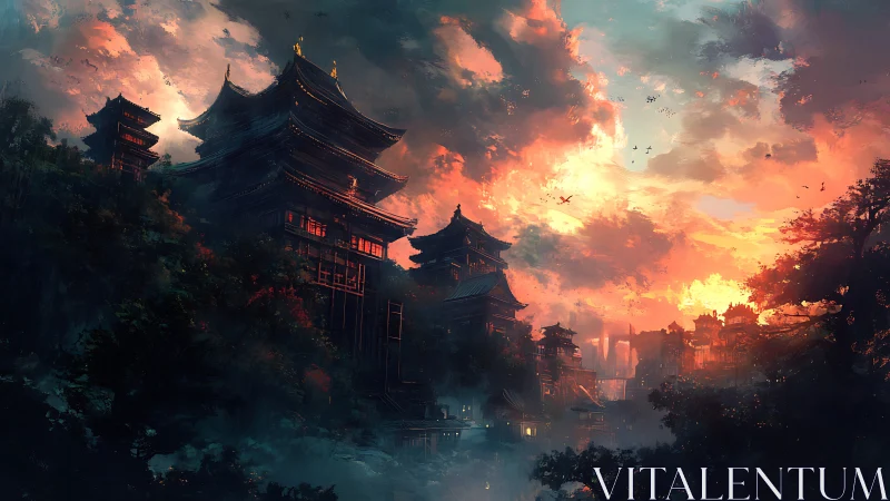 Twilight Pagoda Kingdom Drenched In Ember Skies.