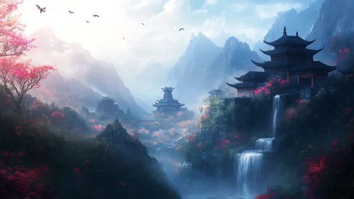 Misty mountain temples glow above cascading jade waterfalls