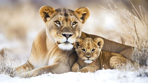 Lioness and cub resting in snow-covered terrain with golden hour lighting.