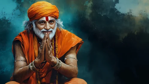 Elderly male ascetic in orange garments with folded hands.