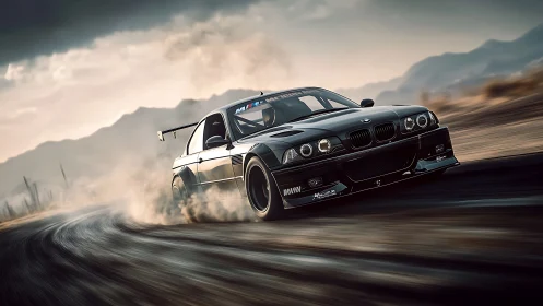 Modified black BMW drift car on dusty mountain curve.