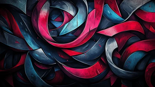 Interlocking red blue ribbons form dense abstract vortex