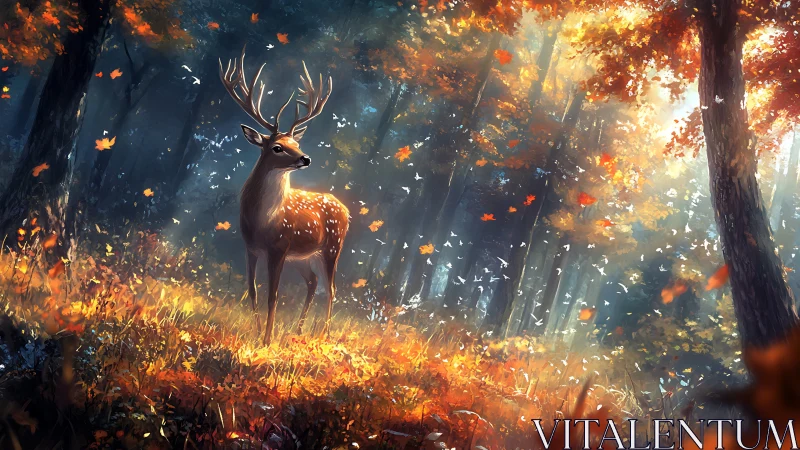 Gentle autumn deer resting in golden forest daydream light.
