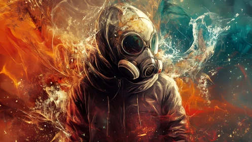 Digital painting of gas-masked figure in incendiary color field.