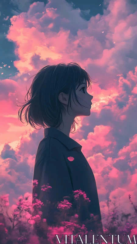 Anime profile portrait in luminous pink sunset cloudscape.