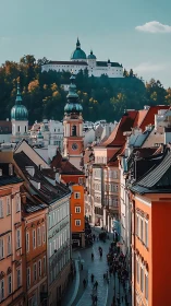 Sunlit old-town promenade crowned by hilltop castle calm.