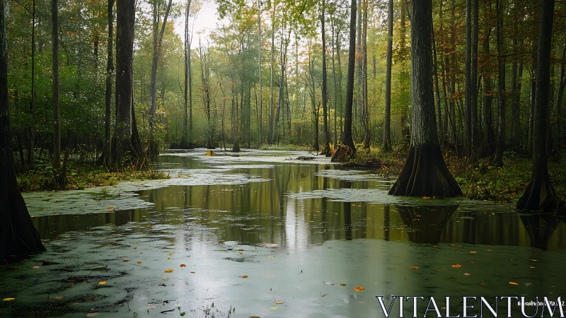 Photorealistic cypress swamp with reflective stillwater plane.