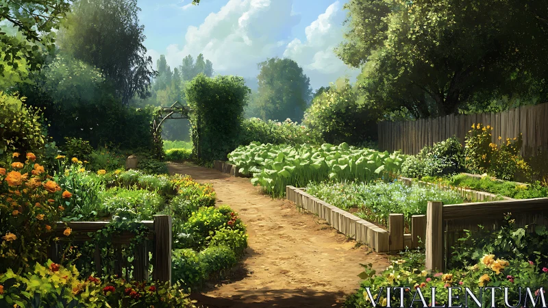 Sunlit garden path wandering through quiet green abundance.