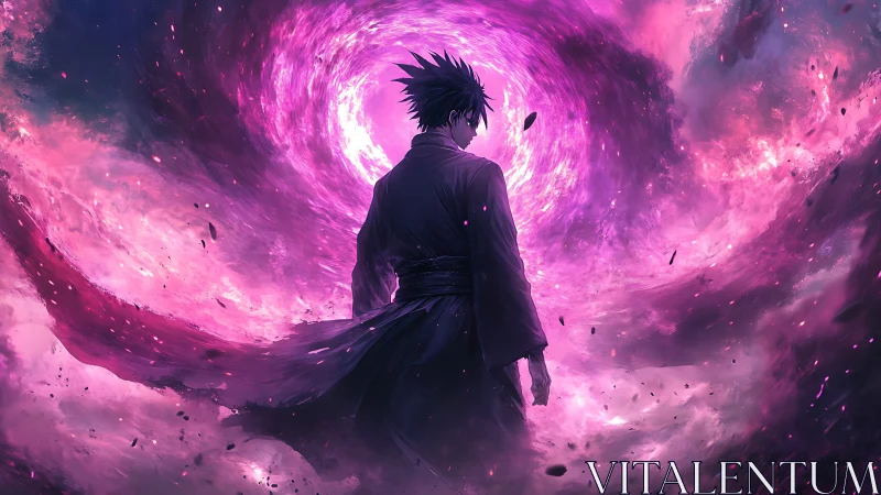 Solitary figure before luminous magenta vortex field.