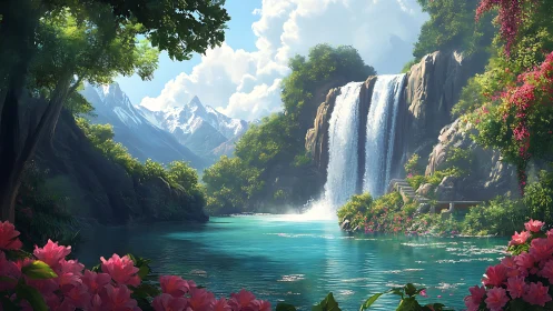 Luminous alpine waterfall lagoon with floral terraces and stairs