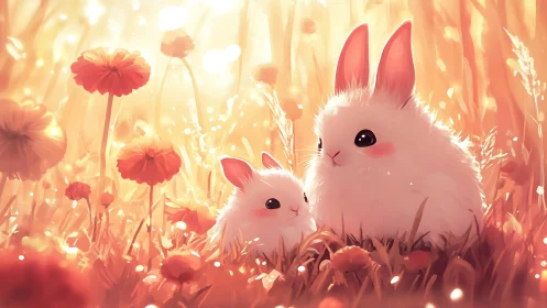 Soft white bunnies resting in golden flower meadow glow.