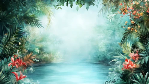 Tropical river scene framed by dense foliage and flowers.