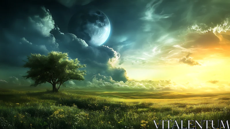 Lone tree stands in glowing meadow under oversized moon