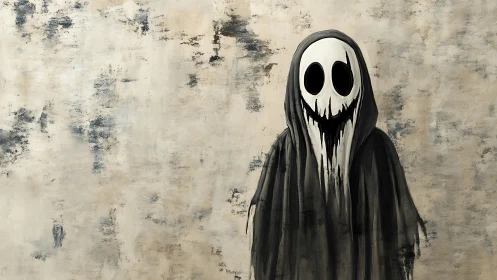 Dripping ghost in tattered hood against worn plaster wall.