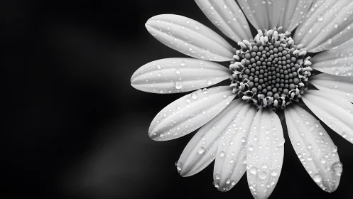 Monochrome macro daisy with dewdrops in lateral composition.
