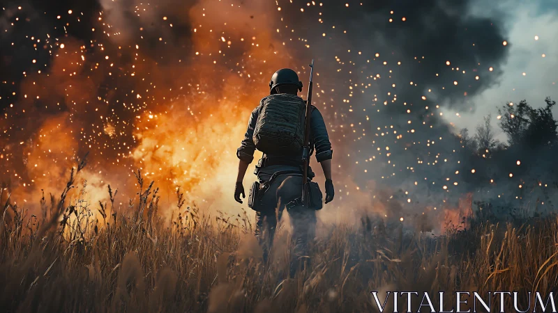 Soldier stands amid explosive fire and burning fields.