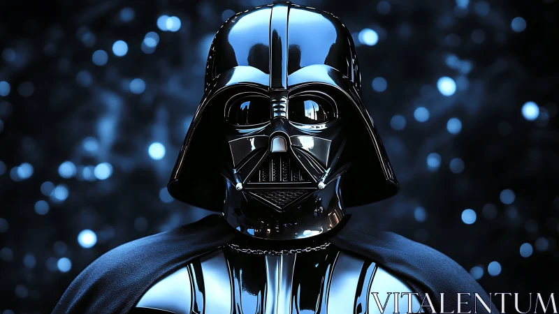 Black armored helmeted figure in reflective lighting profile.