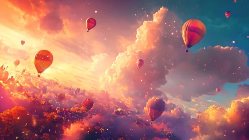 Dreamlike hot air balloons over glowing sunset clouds.