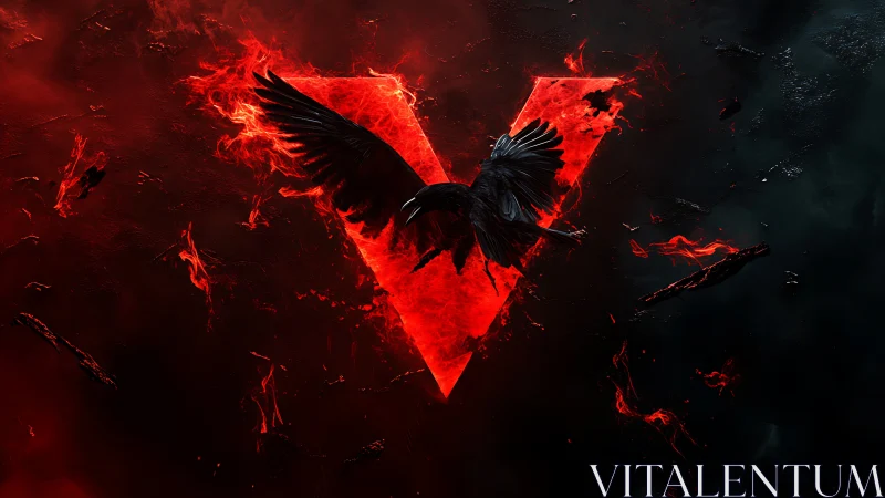 Fiery crimson V sigil with dramatic black raven in flight.