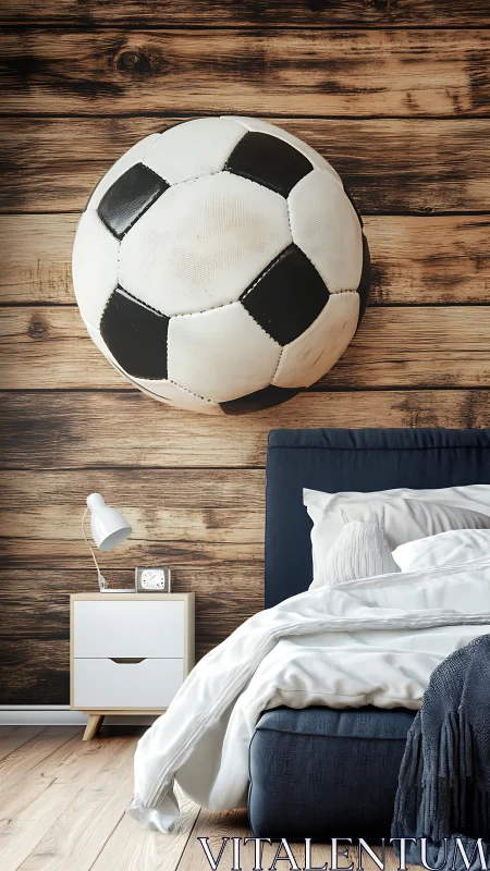 Oversized soccer dream hovers above a cozy modern bedscape