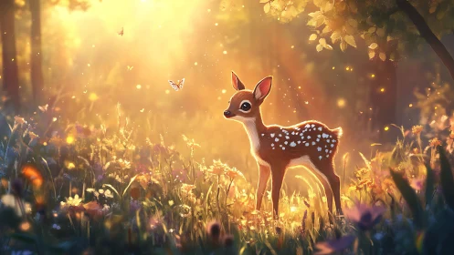 Digital painting of fawn in glowing forest clearing at dawn.