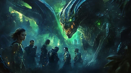 Brave explorers confront a glowing jungle monster together