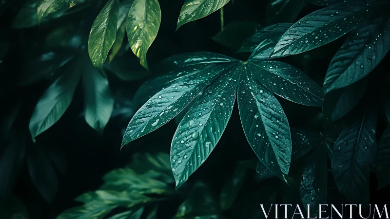Rain-kissed jungle leaves glowing in deep emerald hush.