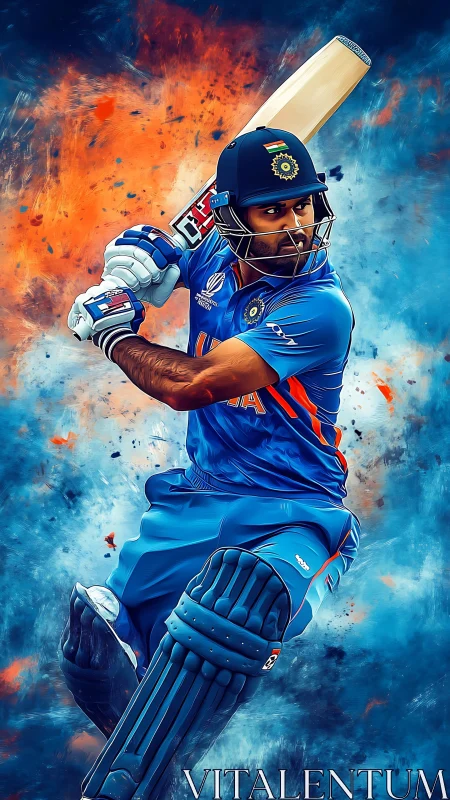 Cricketer in blue kit captured mid-shot with bat raised high