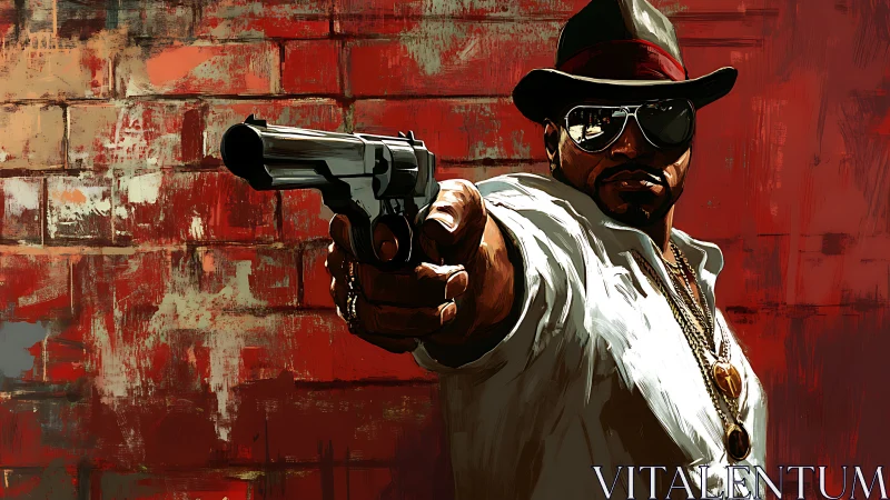 Street noir gunslinger stares down destiny in red haze.