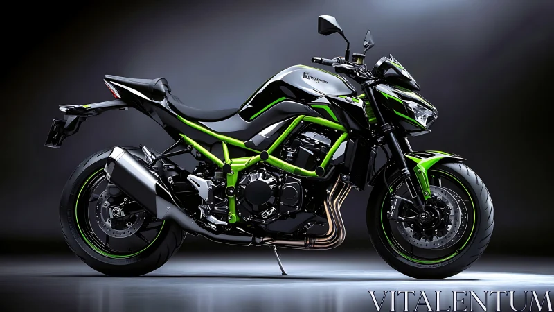 Green and black sport motorcycle on dark studio background.