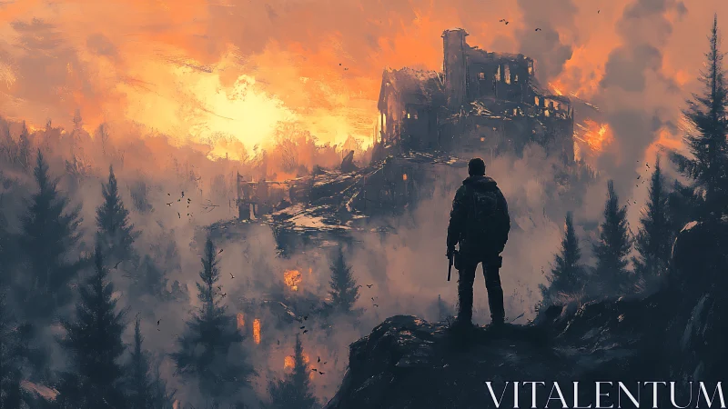 Lone survivor watches burning fortress over smoky forest
