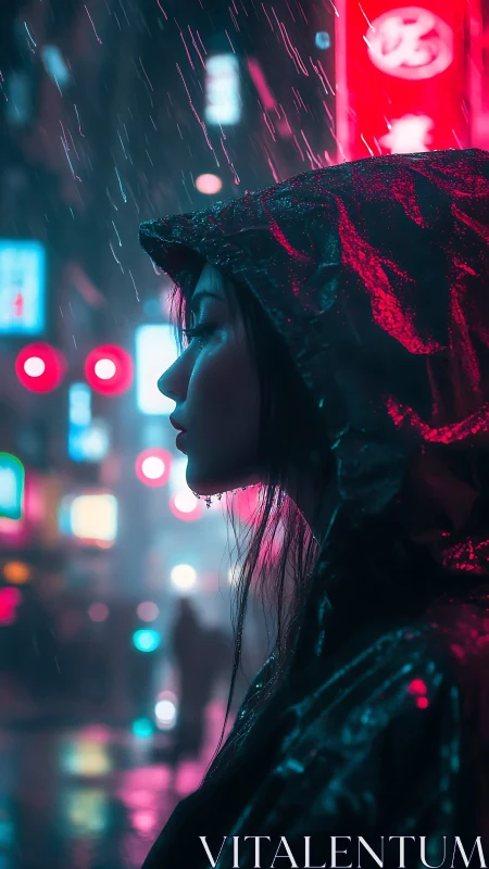 Hooded woman in neon rainlit city street at night.