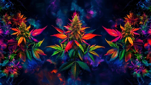 Neon cannabis leaves glow against deep cosmic void.