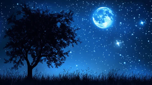 Lunar-illuminated tree silhouette under dense starfield sky.