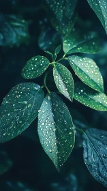 Rain-soaked verdant leaves in moody teal-toned close-up study.