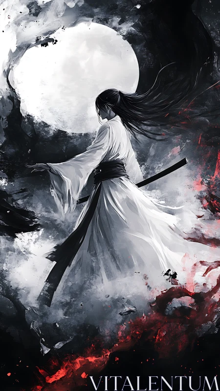 Moonlit warrior drifts through swirling smoke and embers