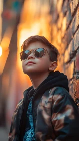 Young subject wearing tinted sunglasses in urban setting