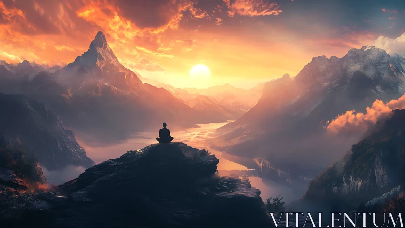Solitary figure meditates above glowing sunrise mountain valley