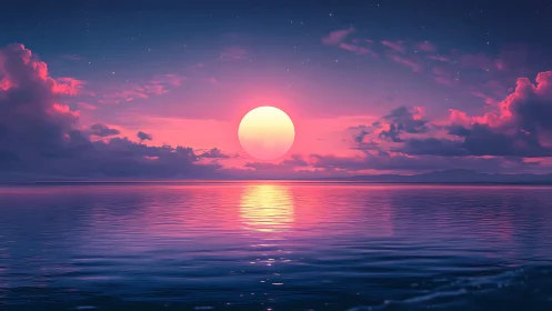 Large glowing sun sets over calm reflective ocean water