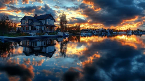 Lakeside modern house mirrors fiery sunset sky on calm water.